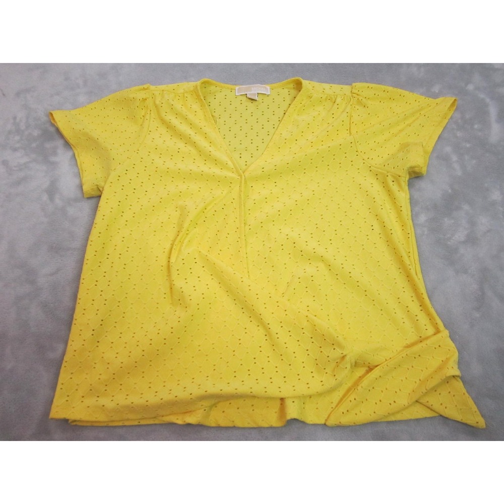 Michael Kors Top Women Large Yellow Eyelet V-Neck Side Tie Blouse